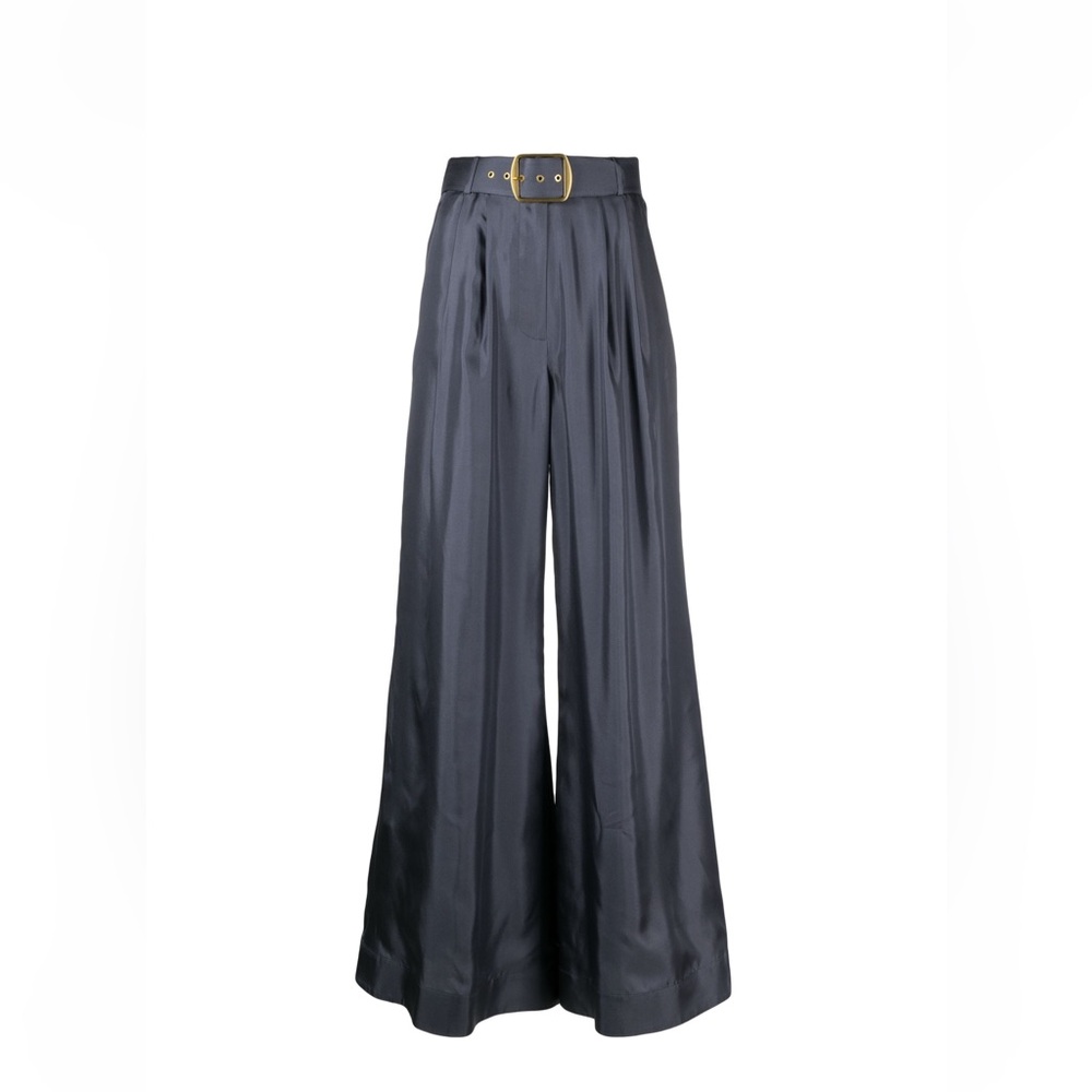 Zimmermann Charcoal Wide-Leg Satin Pants with Gold Buckle